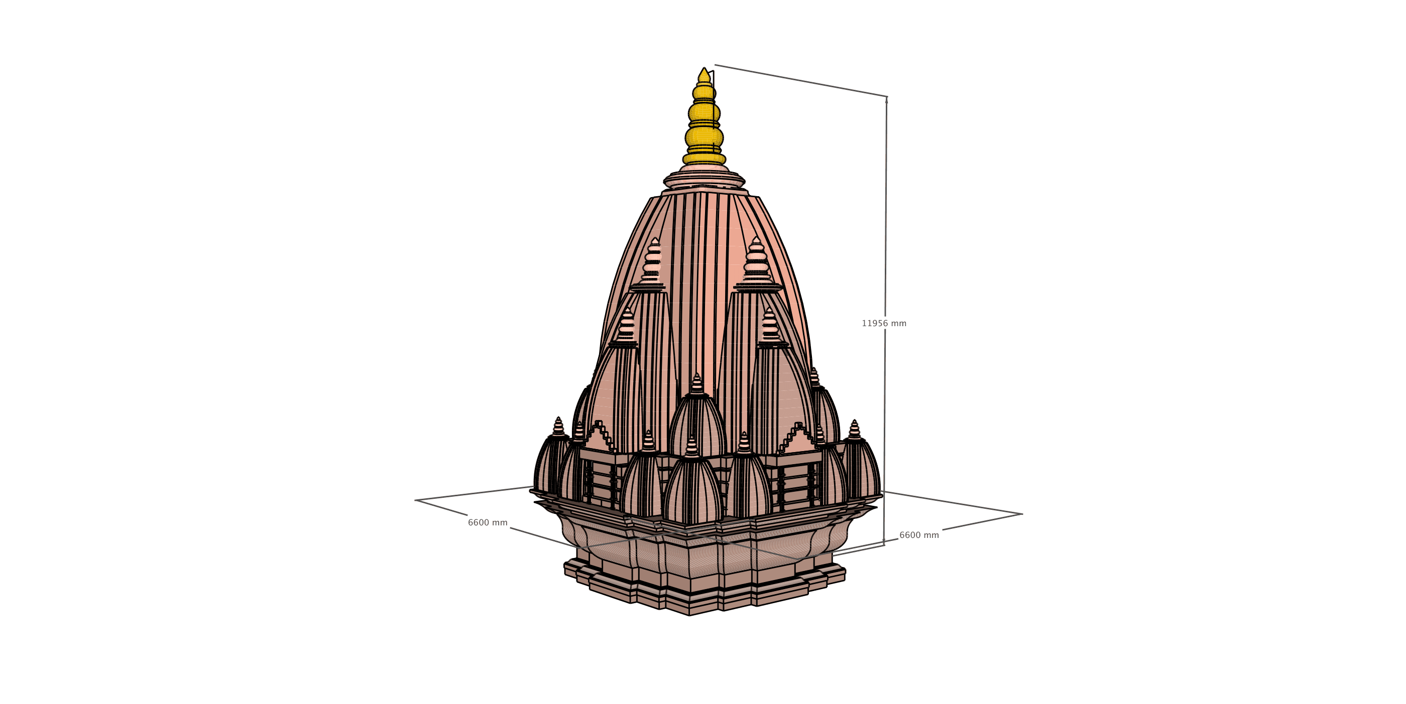 Orthographic 3D view of the center dome and shikhar